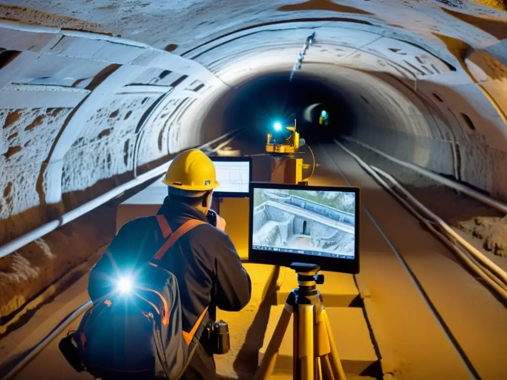 Equipo de arqueólogos y topógrafos mapeando túneles históricos con software avanzado, resaltando la atmósfera de exploración y descubrimiento