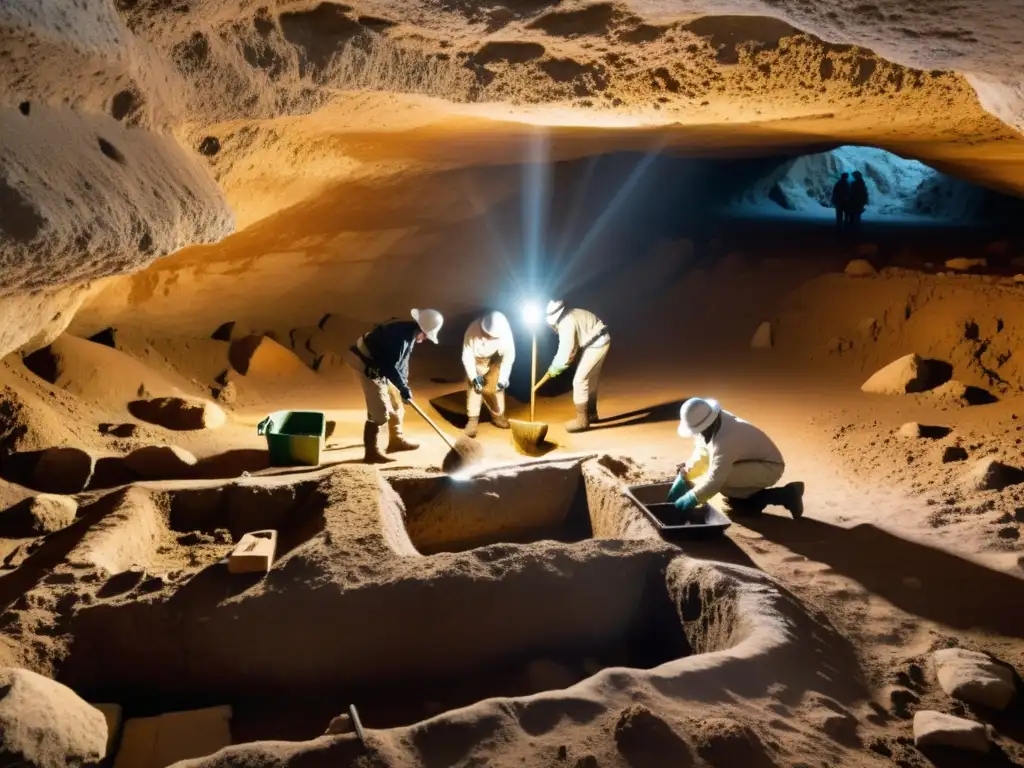 Un equipo de arqueólogos con trajes protectores revela antiguos artefactos y estructuras en una excavación subterránea iluminada por luz cálida