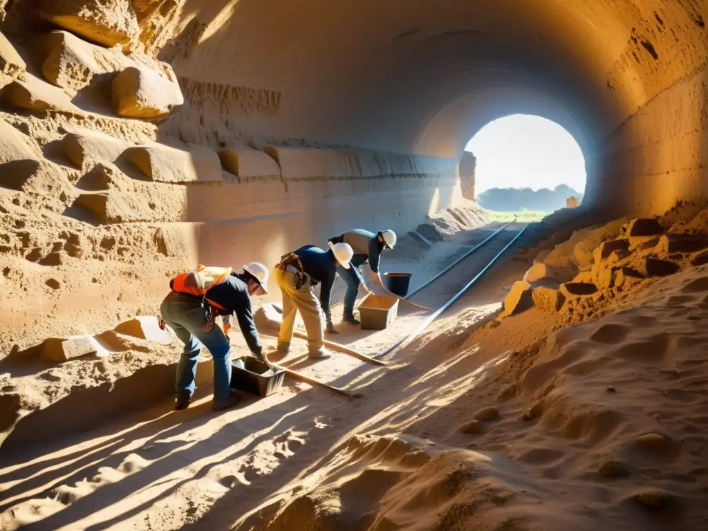 Equipo de arqueólogos excavando un túnel histórico al amanecer, revelando capas de historia