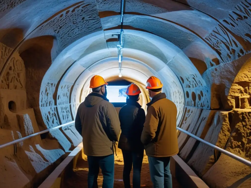 Un equipo de arqueólogos y topógrafos documentando un túnel histórico con avanzado software de mapeo