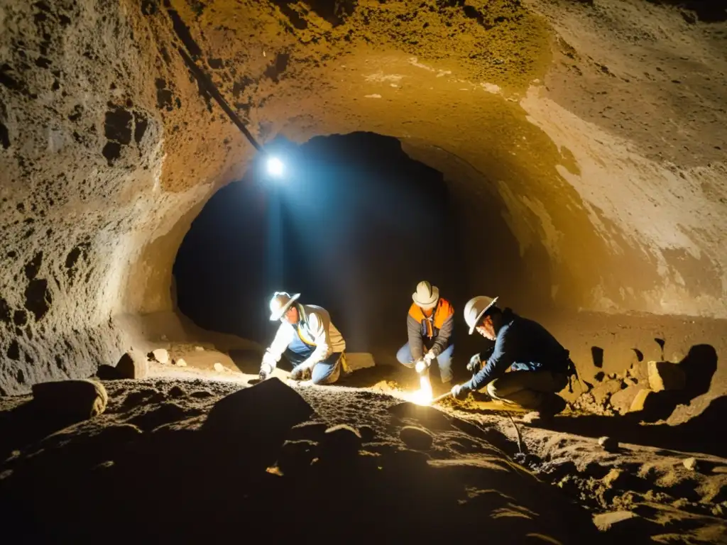 Equipo de arqueólogos explorando túnel histórico, usando técnicas de datación