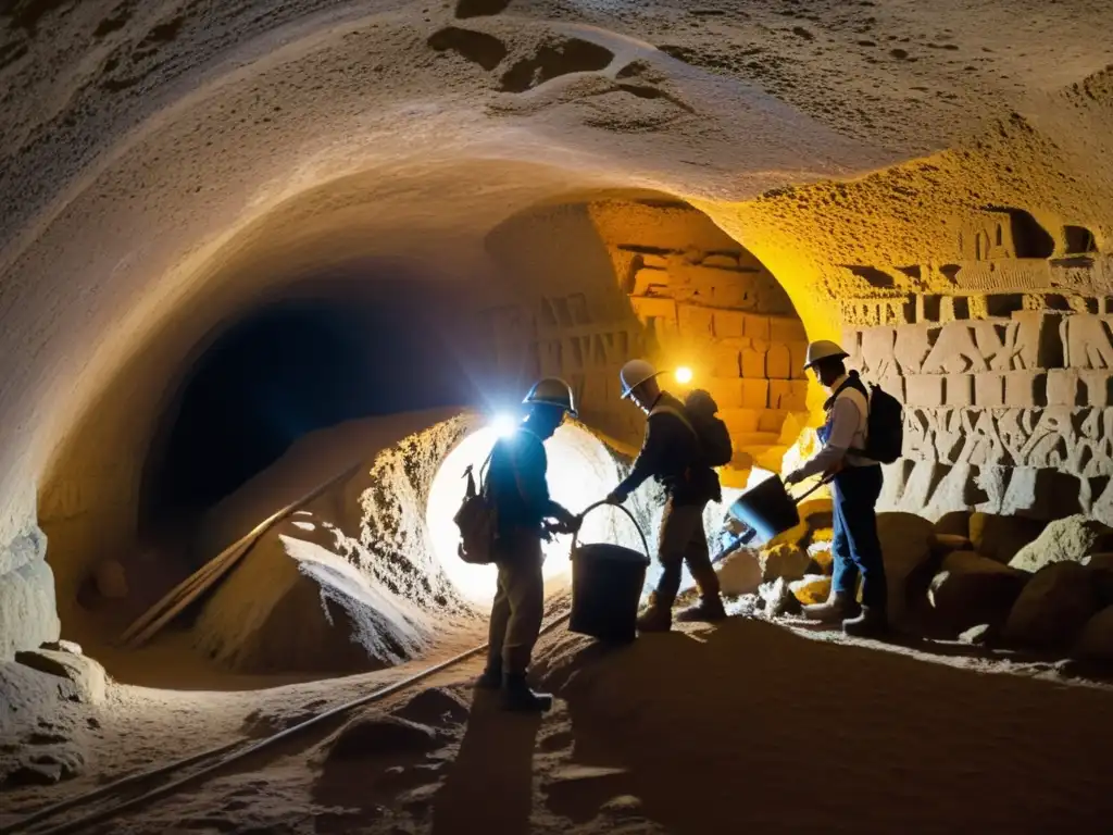 Equipo de arqueólogos exploran un túnel histórico, desenterrando símbolos antiguos con técnicas de excavación