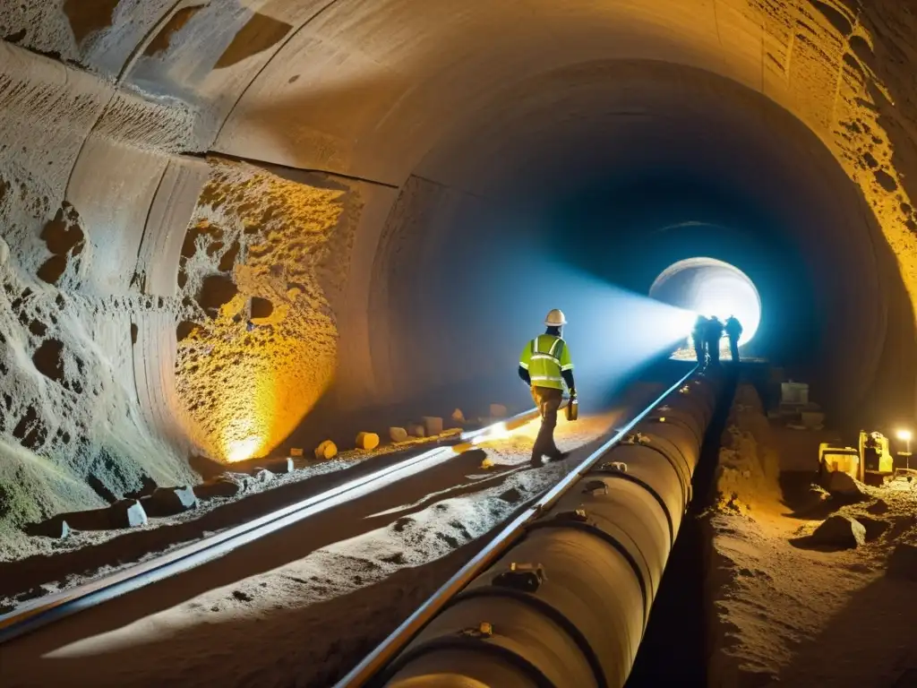 Equipo de arqueólogos explorando túnel histórico con Realidad Aumentada en una escena de descubrimiento y tecnología avanzada