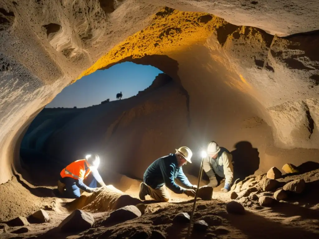 Equipo de arqueólogos explorando un túnel histórico, iluminados por lámparas frontales, desenterrando artefactos antiguos