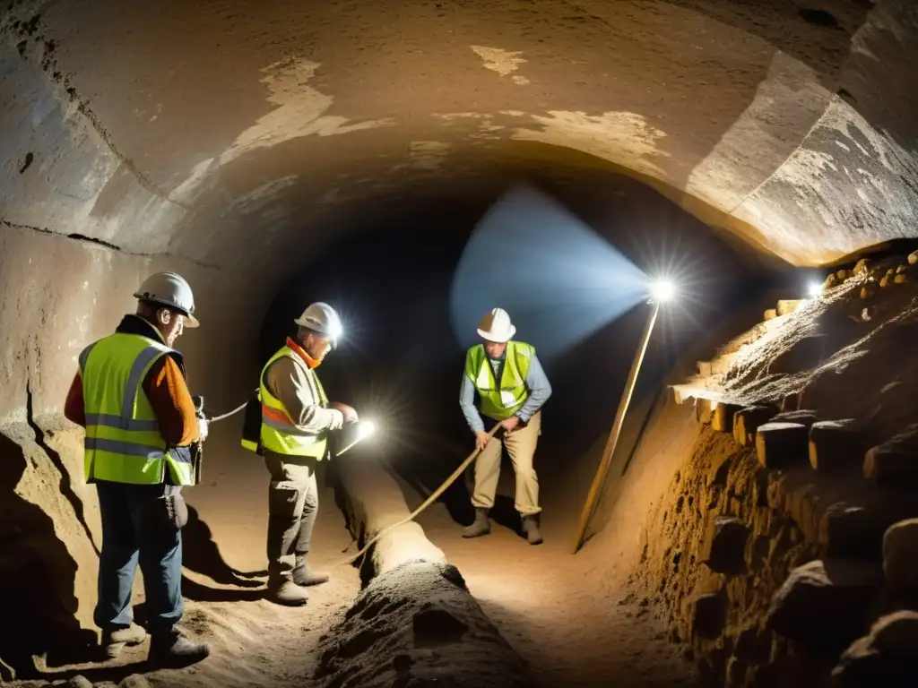 Equipo de arqueólogos explorando un túnel histórico, descubriendo artefactos antiguos y inscripciones en las paredes