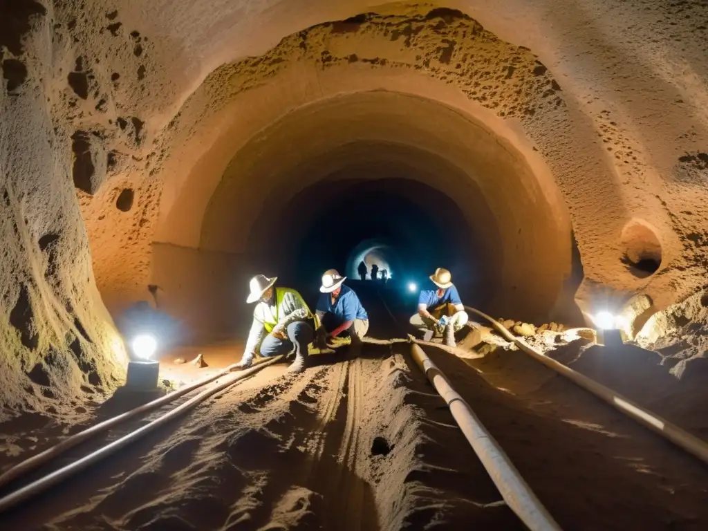 Equipo de arqueólogos explorando túnel histórico, descubriendo artefactos antiguos con precisión