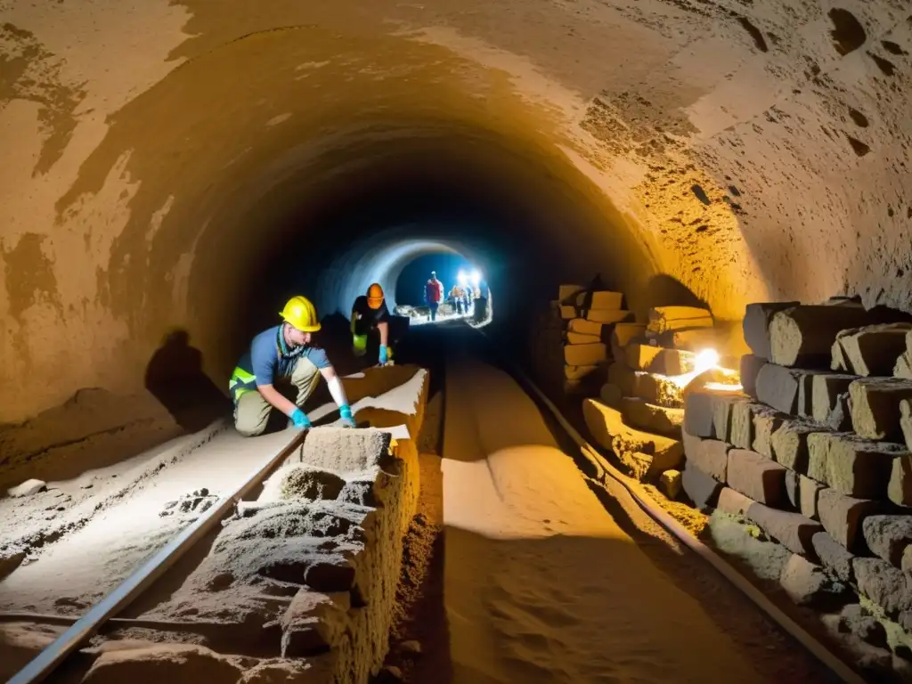 Equipo de arqueólogos excavando un túnel histórico, descubriendo tesoros enterrados