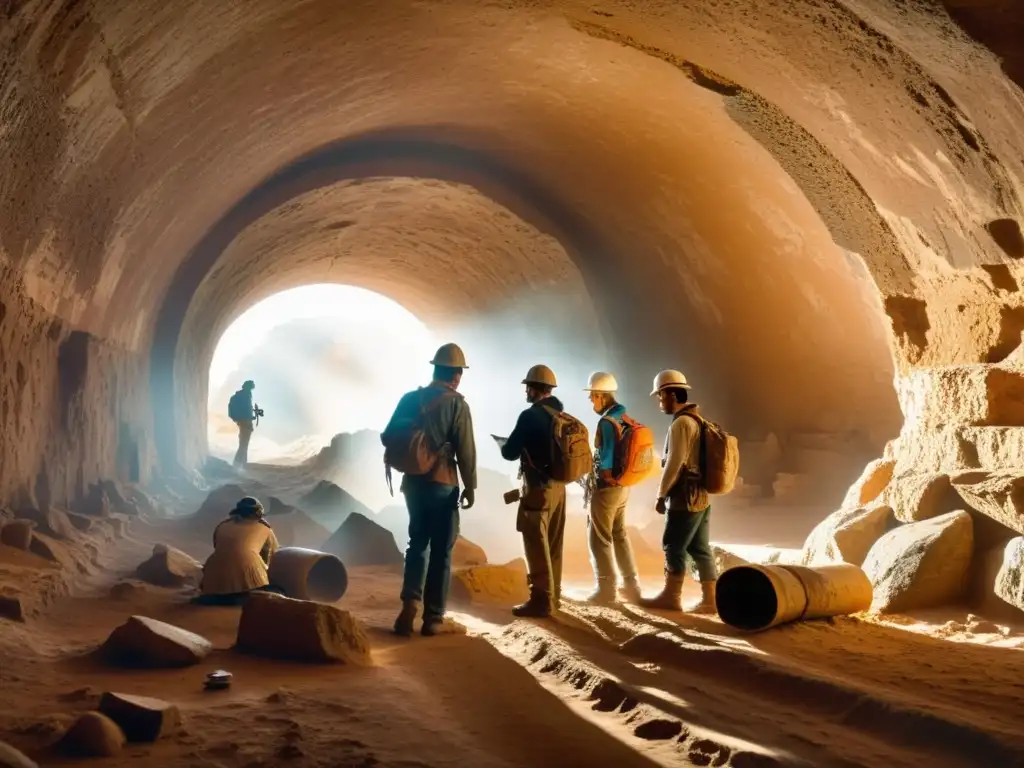 Equipo de arqueólogos explorando túnel histórico, iluminando carvings antiguos