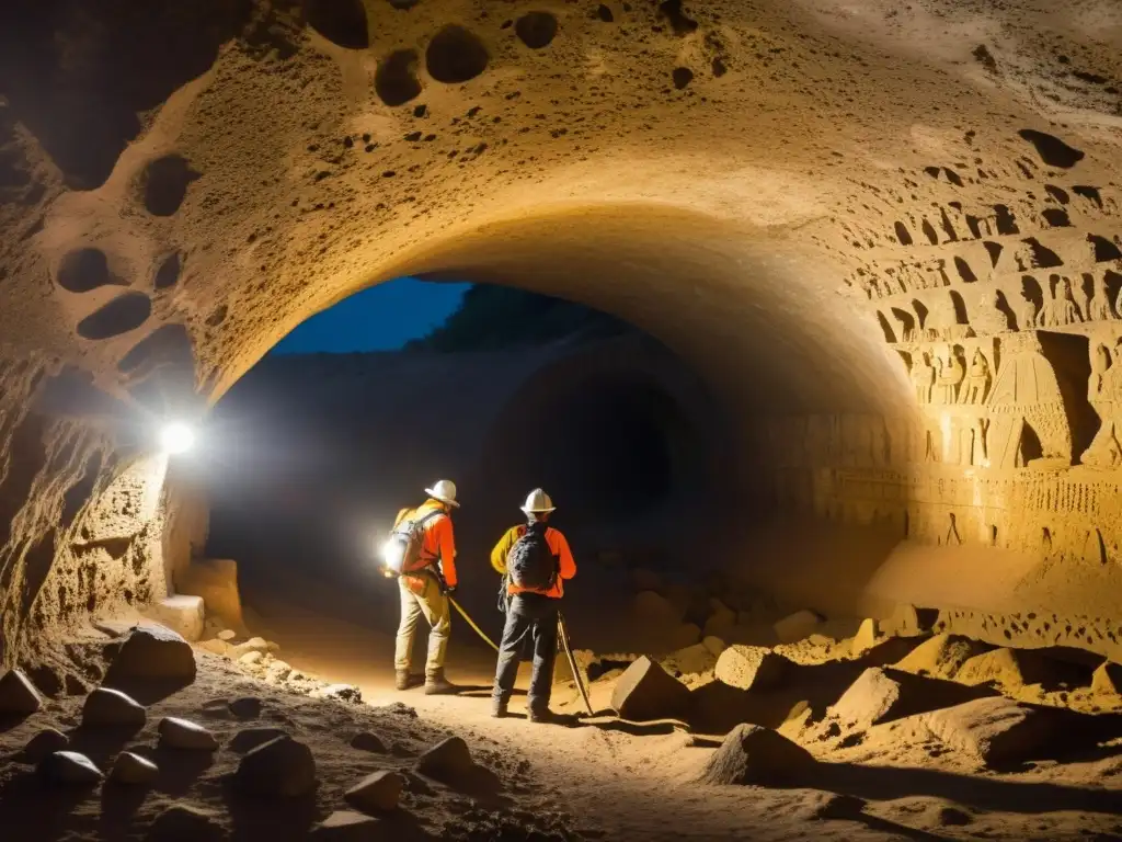 Equipo de arqueólogos excava un túnel histórico, iluminado por lámparas, revelando relieves antiguos