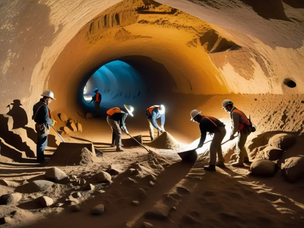 Equipo de arqueólogos excavando un túnel histórico, iluminados por linternas en la penumbra