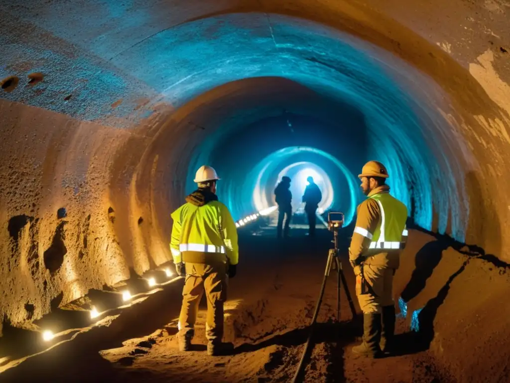 Un equipo de arqueólogos examina un túnel histórico, destacando la combinación de investigación científica moderna y arquitectura antigua