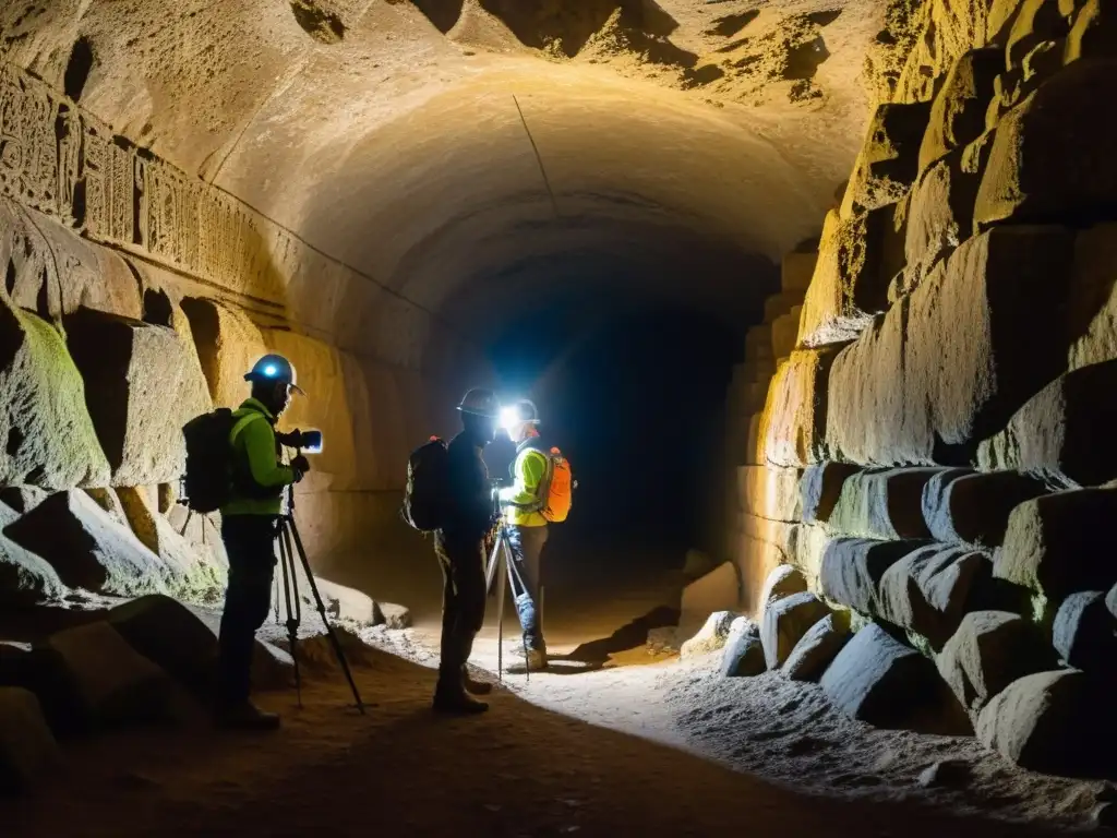 Equipo de arqueólogos y topógrafos explorando un túnel subterráneo, usando equipo de mapeo 3D en túneles históricos, en busca de detalles históricos