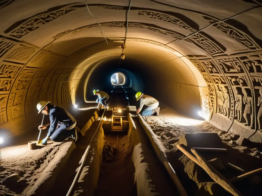 Equipo de arqueólogos explorando un túnel subterráneo con antiguas inscripciones