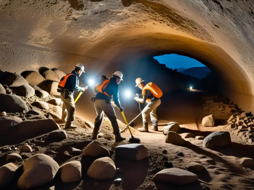 Equipo de arqueólogos excavando un túnel subterráneo, iluminado por linternas frontales