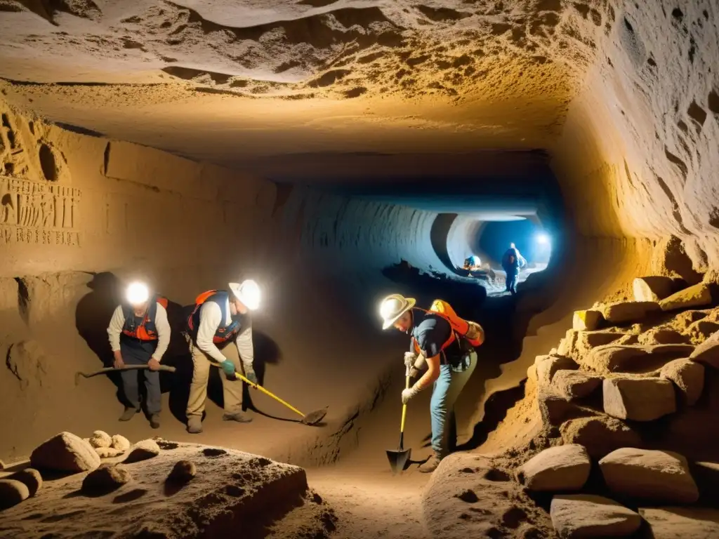 Equipo de arqueólogos excavando en un túnel subterráneo, iluminando antiguas paredes con carvings