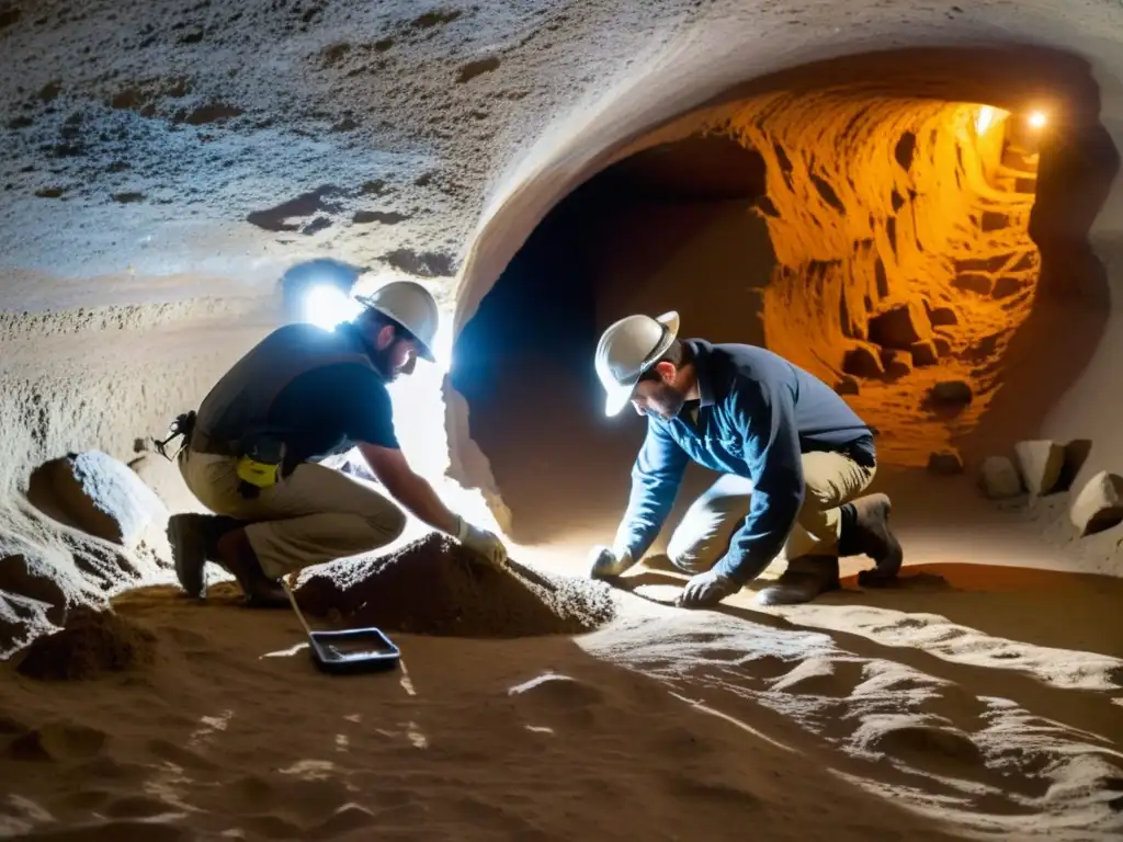 Un equipo de arqueólogos explorando un túnel subterráneo, desvelando artefactos antiguos con procedimientos legales para explorar túneles