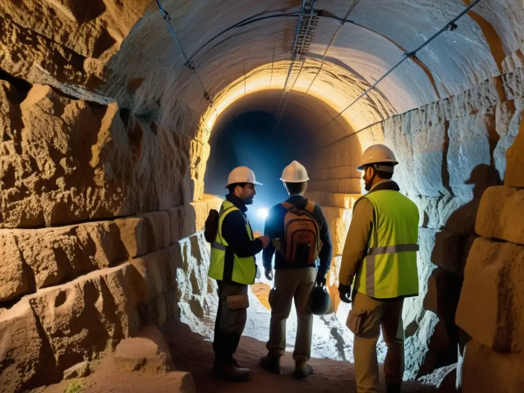 Equipo de arqueólogos explorando túneles antiguos con tecnología de mapeo 3D, descubriendo secretos ocultos