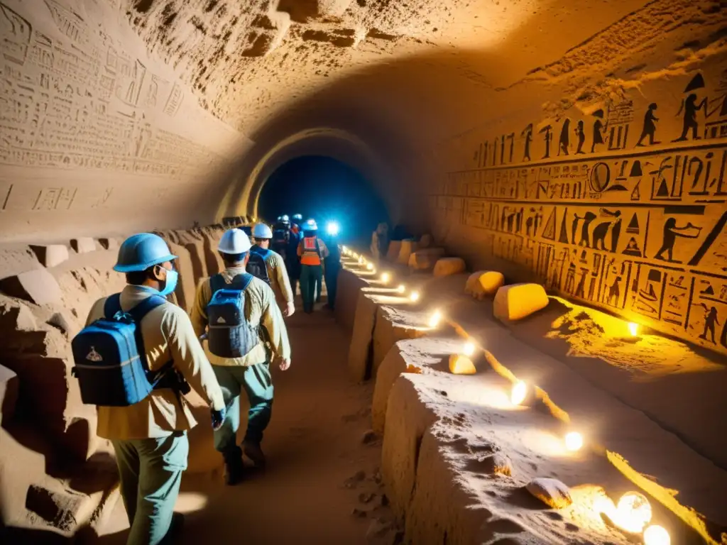 Un equipo de arqueólogos explorando túneles y cámaras subterráneas en Egipto, con tecnología avanzada para documentar antigüedades