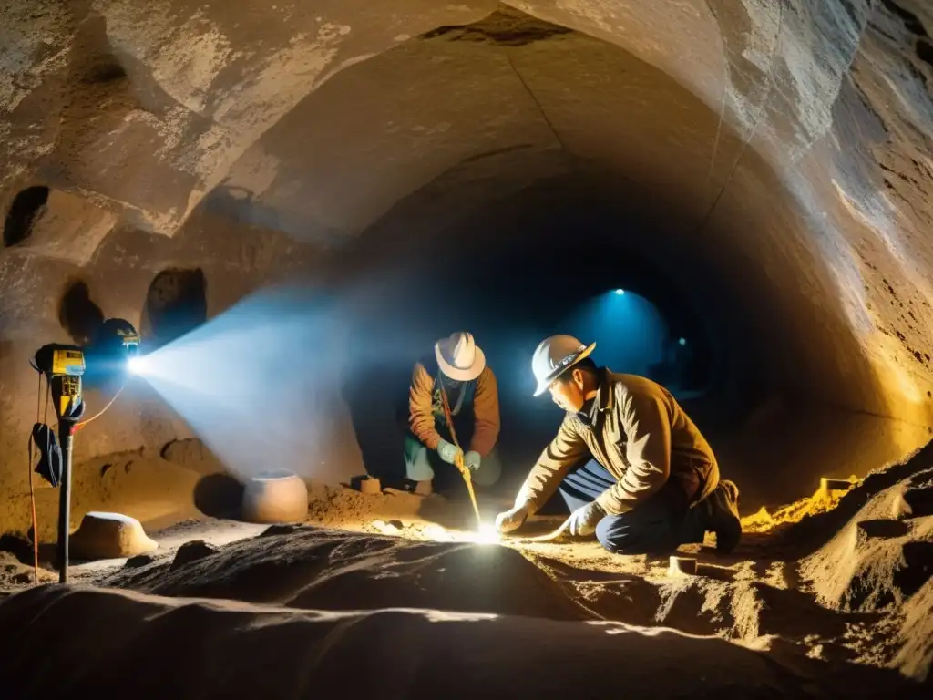 Equipo de arqueólogos explorando túneles funerarios antiguos en China, revelando misterios inscritos en las paredes