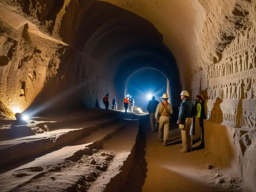 Equipo de arqueólogos iluminando túneles perdidos del Imperio Akkadio