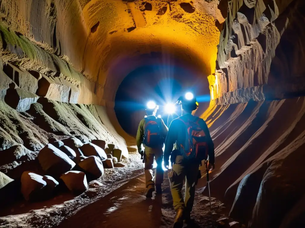 Equipo de arqueólogos explorando túneles subterráneos con técnicas de acceso seguro, descubriendo antiguos artefactos y grabados