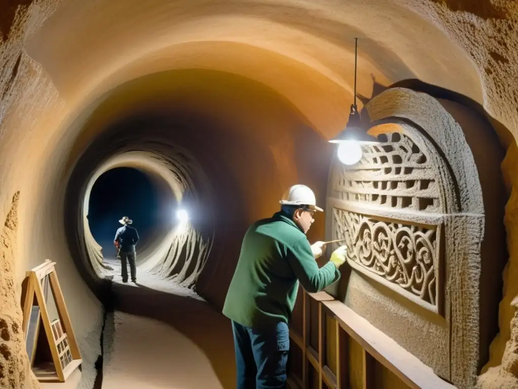 Un equipo de artistas crea con dedicación una réplica detallada de un túnel histórico, resaltando la artesanía y la creatividad