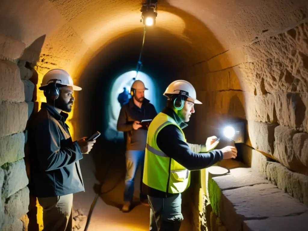 Equipo de audio para túneles históricos: Técnicos colocan equipo de detección de sonido en túnel histórico iluminado por lámparas frontales