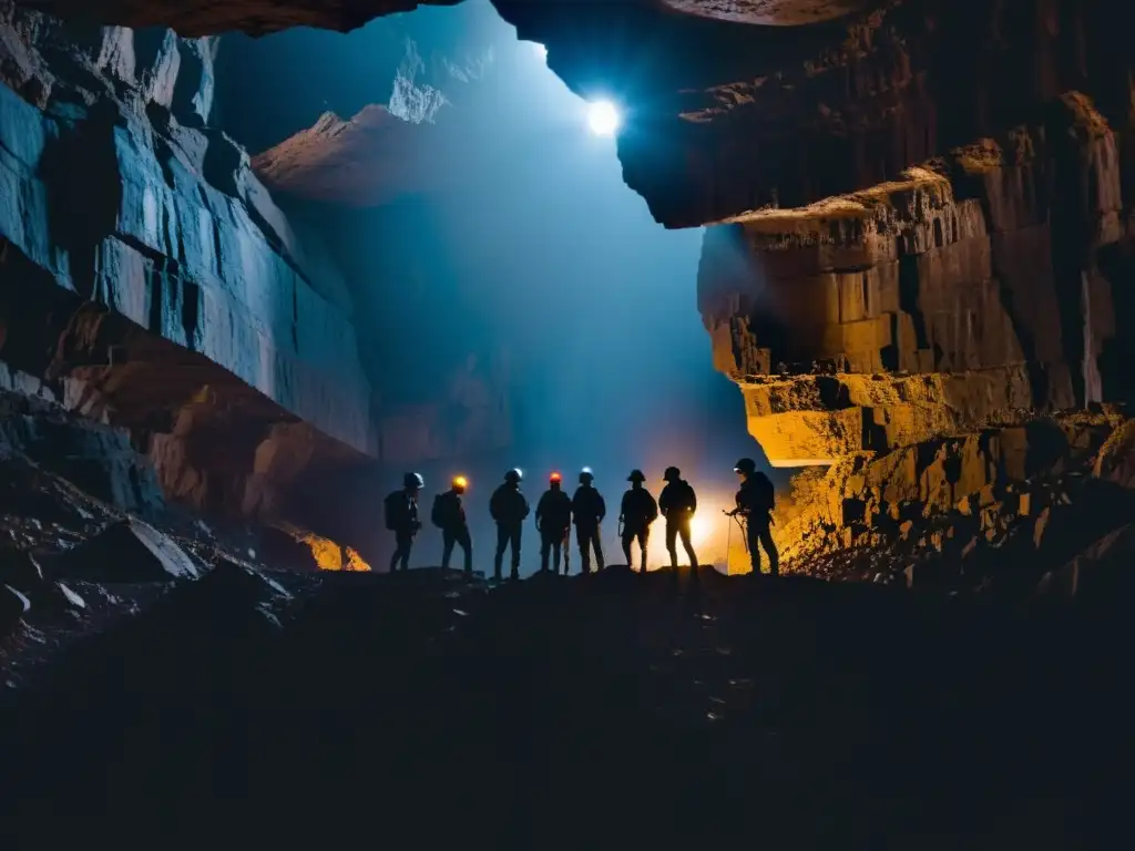 Un equipo de aventureros listos para el puenting en simas subterráneas históricas, con sus siluetas en contraste con la tenue luz del exterior