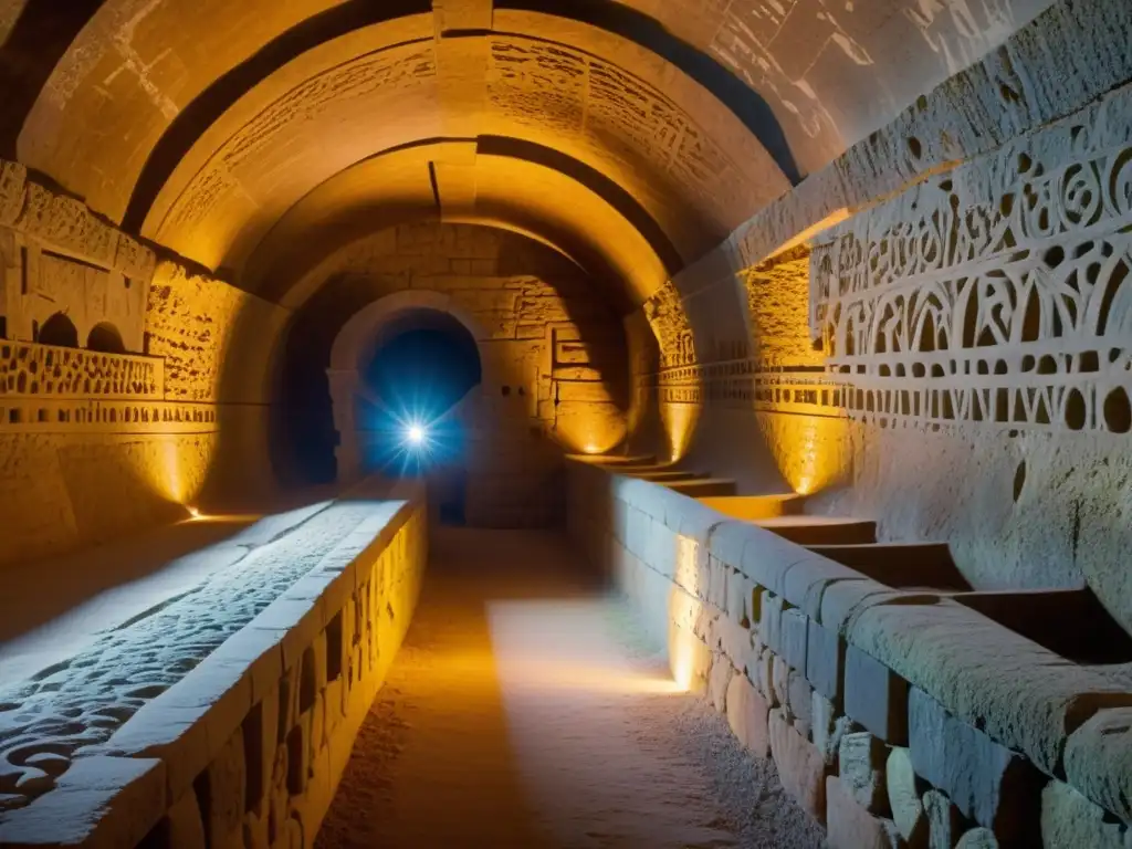 Un equipo de brazos robóticos restaura con delicadeza muros antiguos en un túnel histórico, iluminados por luces de trabajo