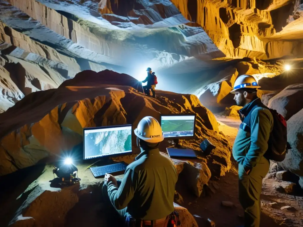 Un equipo de geólogos y topógrafos exploran una caverna subterránea, usando software de mapeo 3D para exploración subterránea