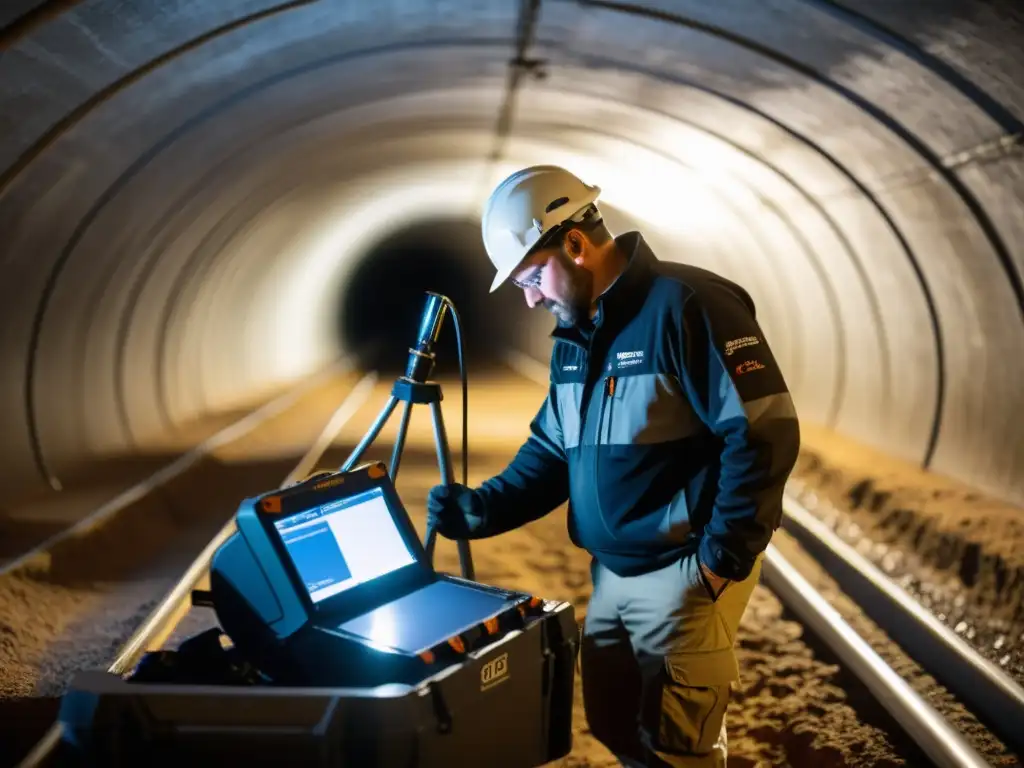 Equipo de detección de cavidades subterráneas utilizando radar de penetración en el suelo en un túnel tenue