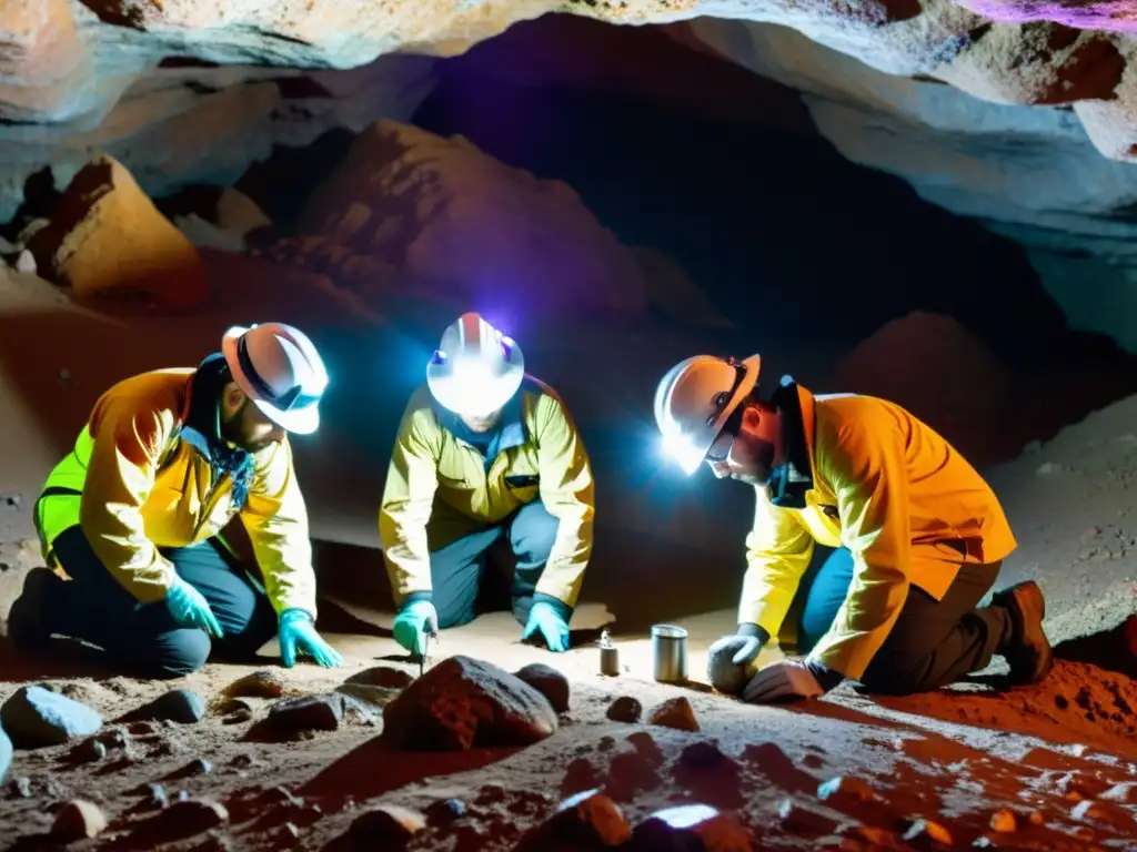 Equipo de científicos en cueva subterránea analizando minerales con espectroscopía para análisis minerales subterráneos