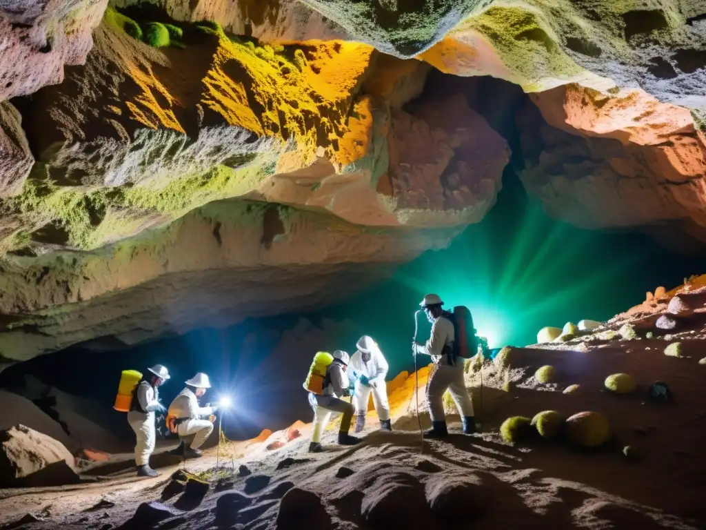 Equipo de científicos en cueva subterránea, recolectando vida microbiana con cuidado