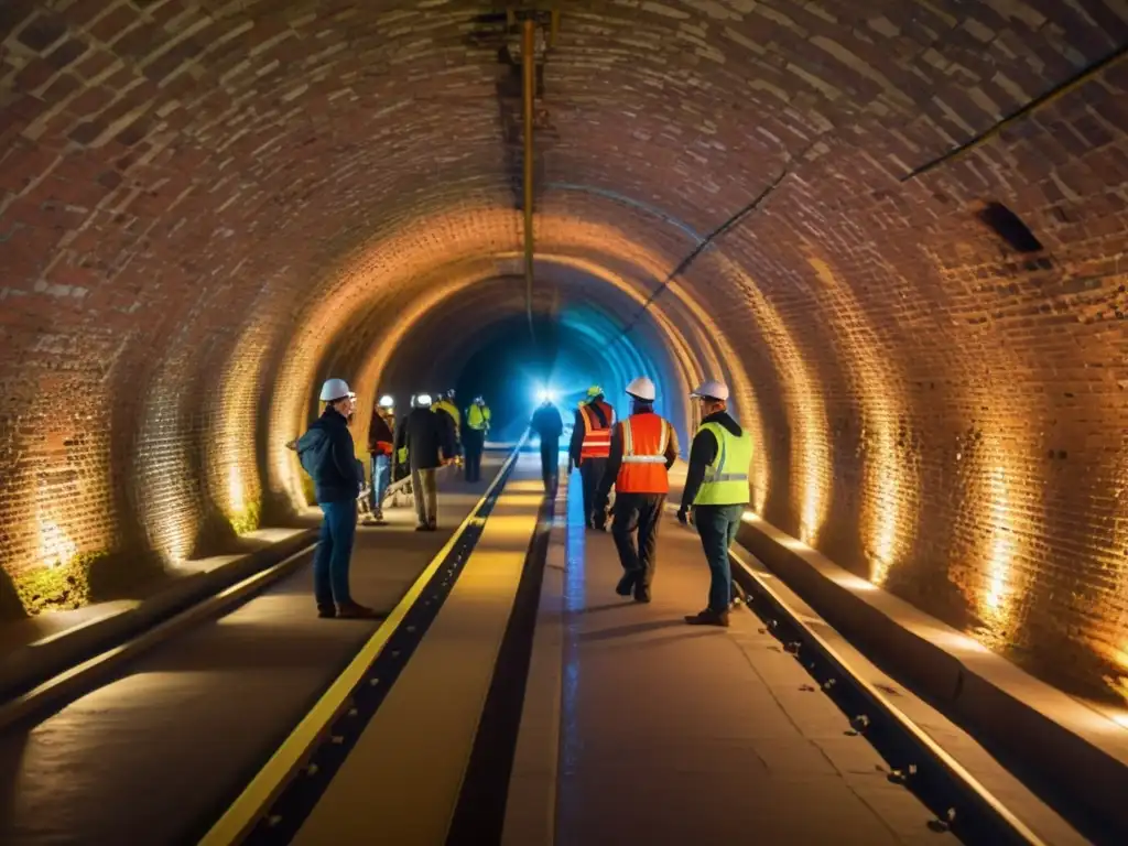 Un equipo de científicos y ingenieros en un túnel histórico, colocando sensores y equipos para medir la huella de carbono