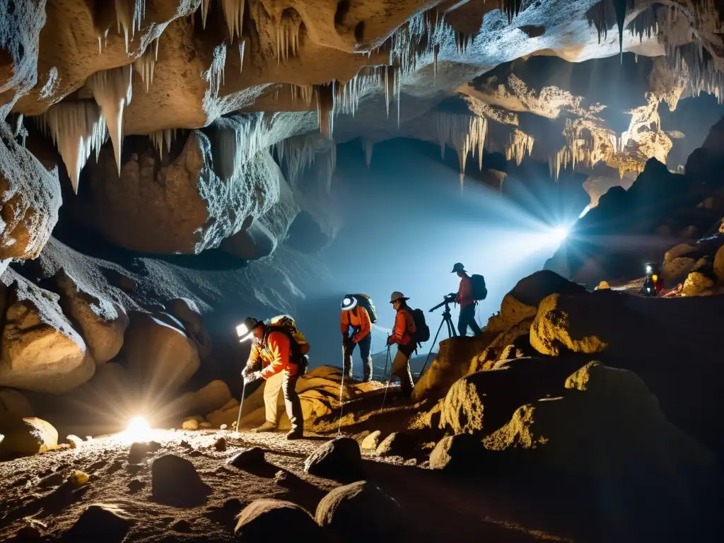 Un equipo de científicos con linternas recolecta muestras en una cueva subterránea, mostrando técnicas de muestreo en sitios subterráneos