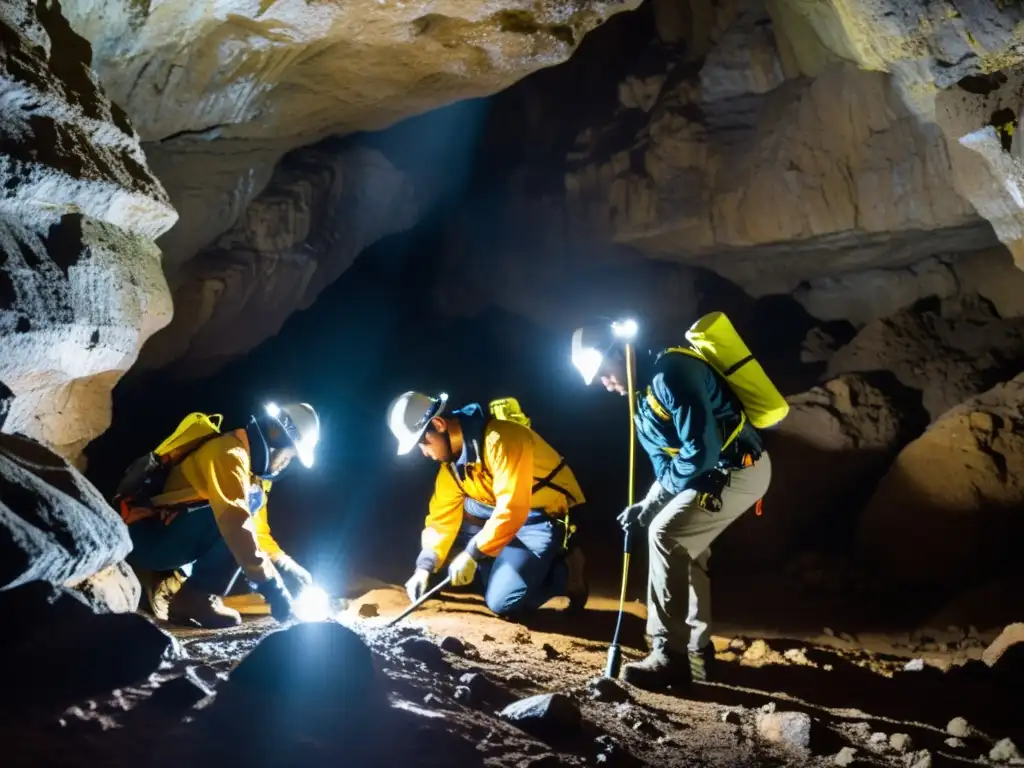 Un equipo de científicos realiza técnicas de muestreo en sitios subterráneos, destacando la determinación y la experiencia en terrenos desafiantes