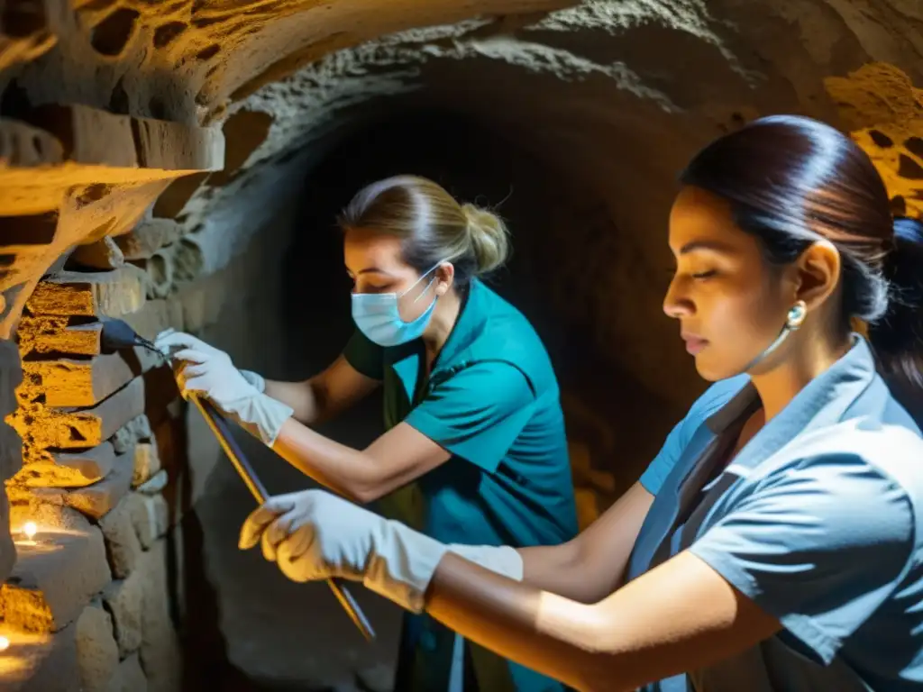 Equipo de conservacionistas restaurando con cuidado las antiguas paredes de catacumbas, evocando reverencia por el pasado