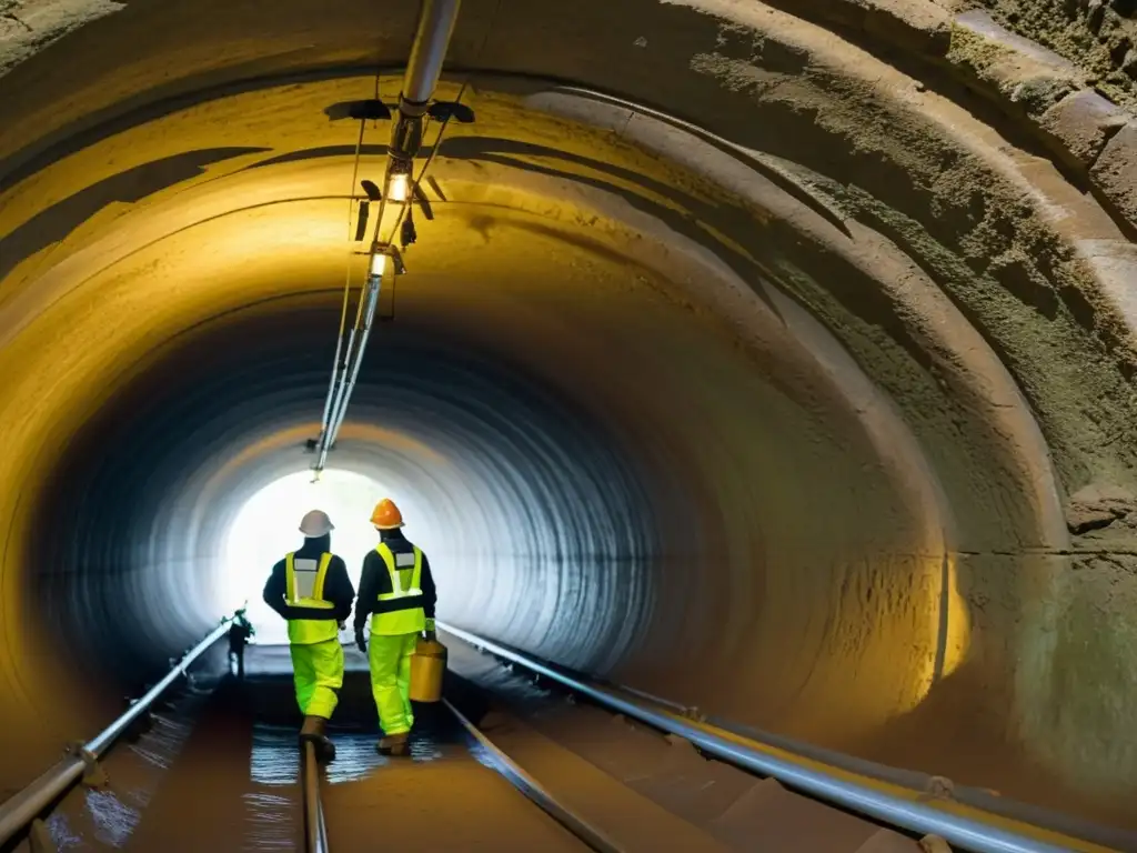 Equipo de conservacionistas restaurando con cuidado un túnel histórico, resaltando su diseño y patina en detalle, con atmósfera de reverencia