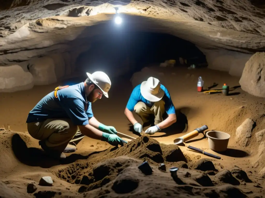 Equipo de conservacionistas preservando con herramientas esenciales el patrimonio subterráneo, mostrando dedicación y expertise en la delicada labor de conservación