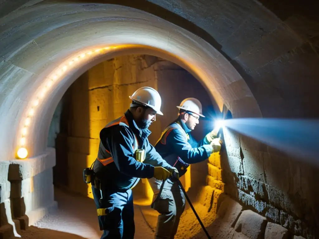 Equipo de conservacionistas instalando iluminación LED en túnel histórico