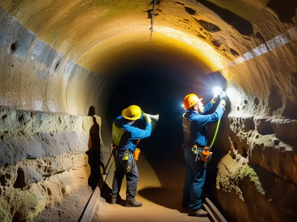 Equipo de conservacionistas aplicando métodos de conservación de humedad en un túnel histórico