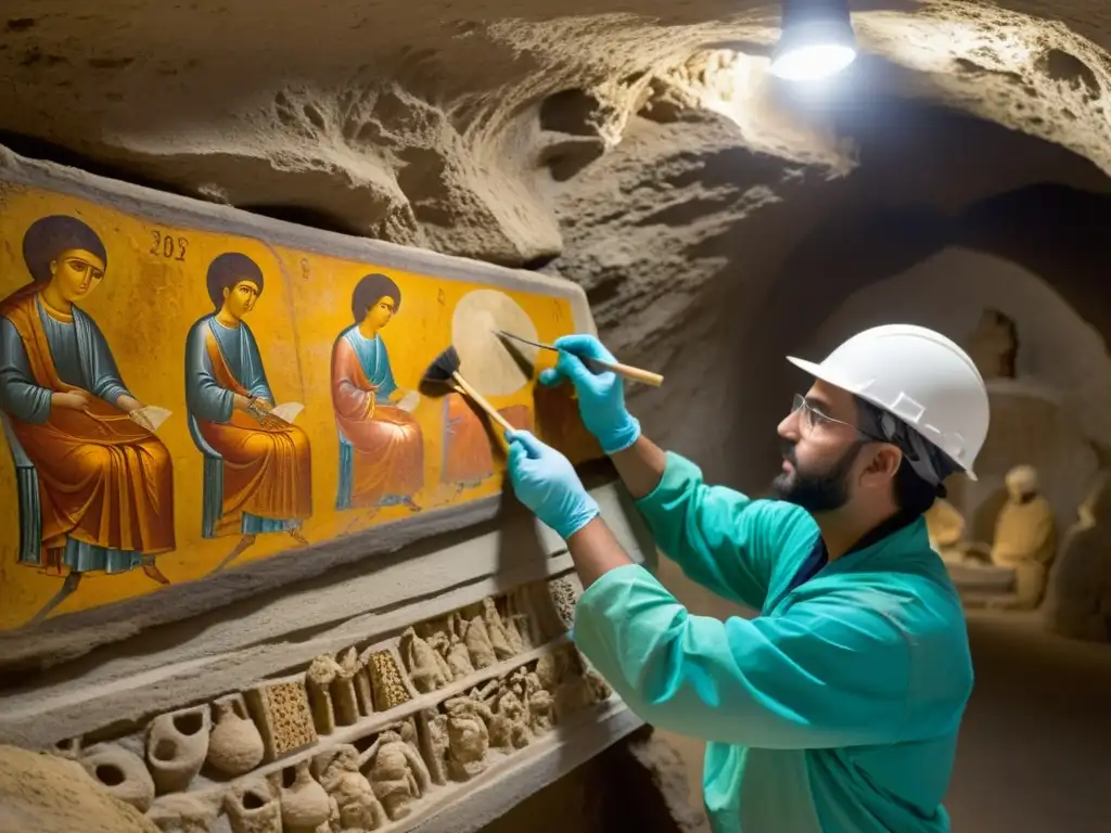 Equipo de conservadores restaurando frescos en catacumbas, con delicadeza y precisión, bañados en cálida luz natural