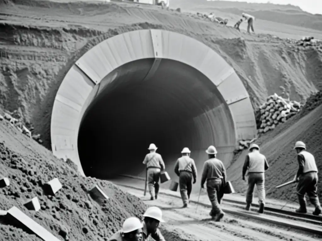 Equipo de construcción en 1970 usando tecnología de excavación de túneles, mostrando progreso e industriousness