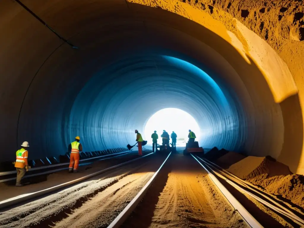 Un equipo de construcción trabajando en la excavación de un túnel, con maquinaria pesada y sombras dramáticas