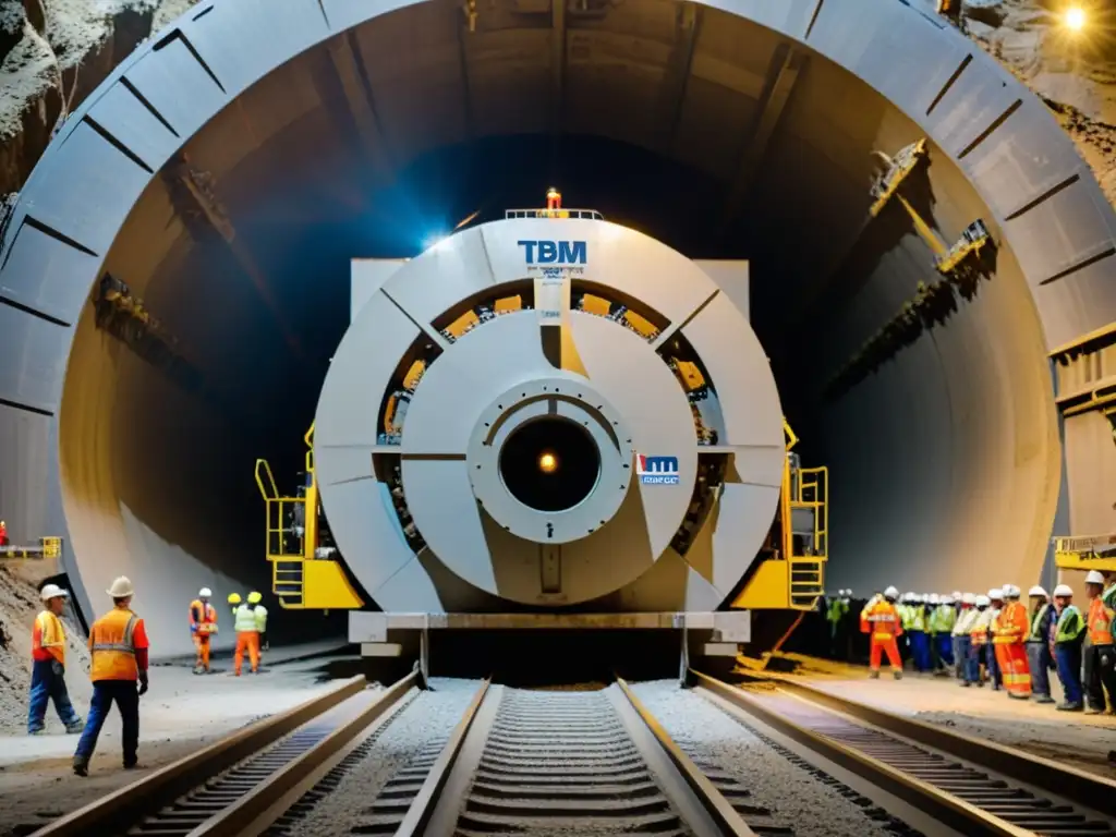 Equipo de construcción con tecnología de túneles de vanguardia excavando con máquina tuneladora, chispas y escombros vuelan