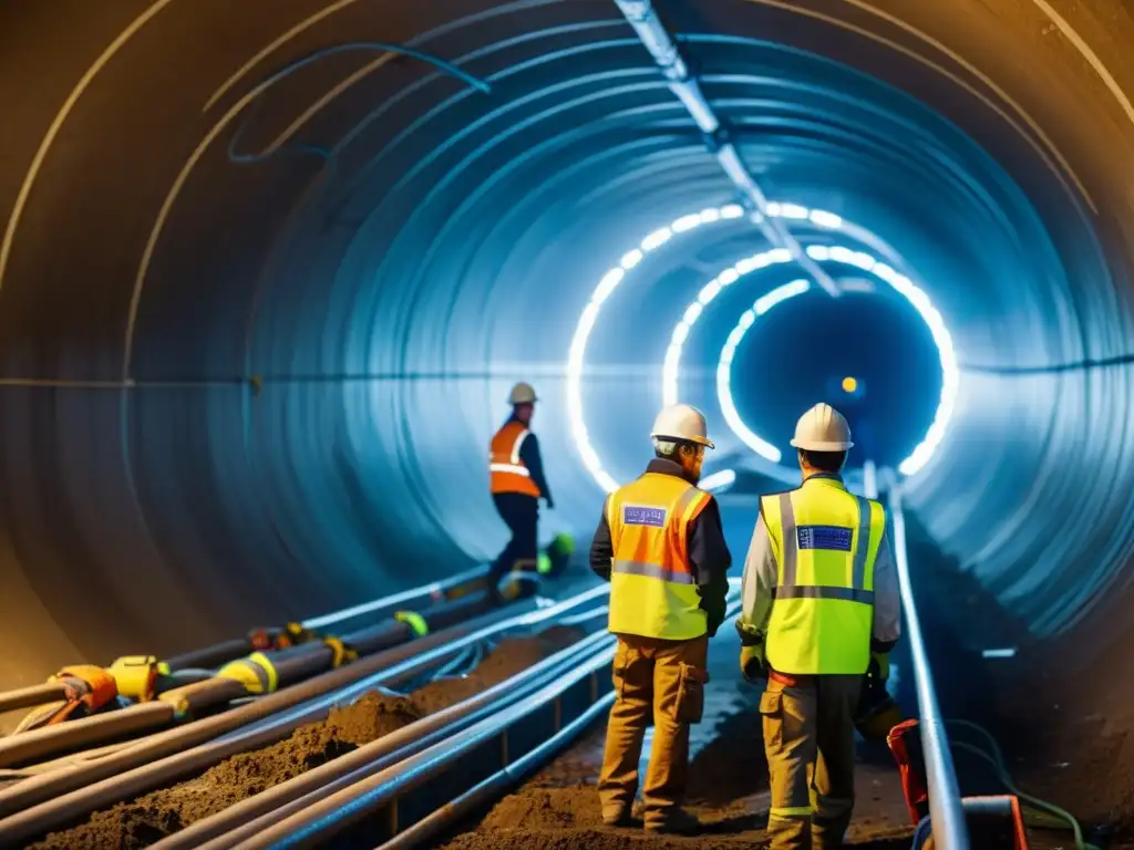 Un equipo de construcción trabajando con determinación en un túnel subterráneo, instalando infraestructura con destreza