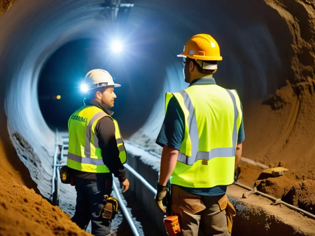 Un equipo de constructores trabajando con maquinaria pesada en un túnel subterráneo iluminado por sus lámparas frontales