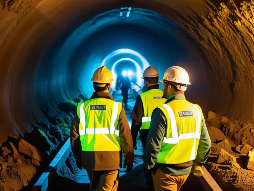 Un equipo de consultores en ingeniería en un túnel subterráneo, iluminados por linternas frontales, explorando el entorno con determinación