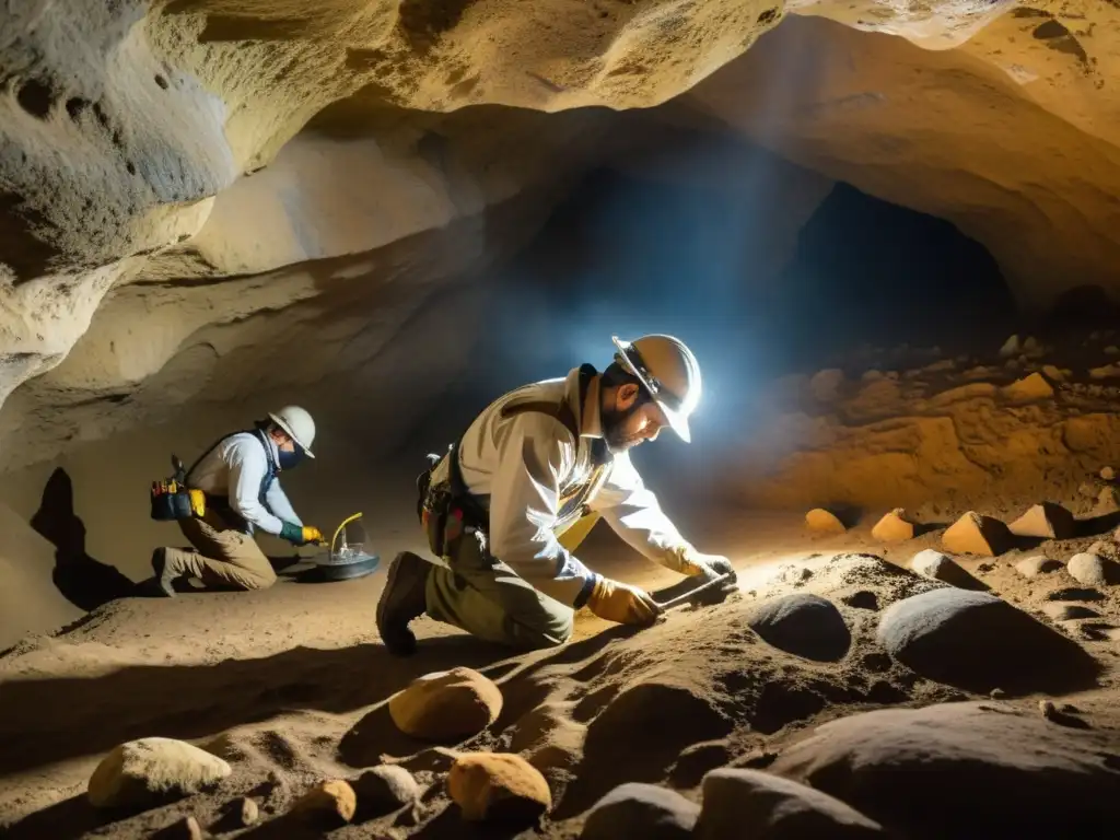 Equipo restaurando con cuidado pinturas y artefactos en cuevas subterráneas, evocando dedicación por la conservación de sitios históricos subterráneos