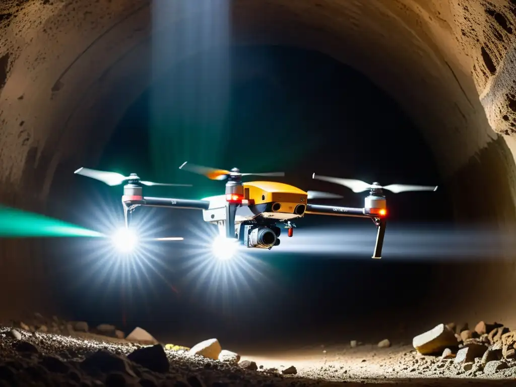 Exploración subterránea: drones de rescate en acción Un equipo de drones especializados con cámaras avanzadas y sensores busca vida en un túnel subterráneo, con partículas de polvo flotando en el aire
